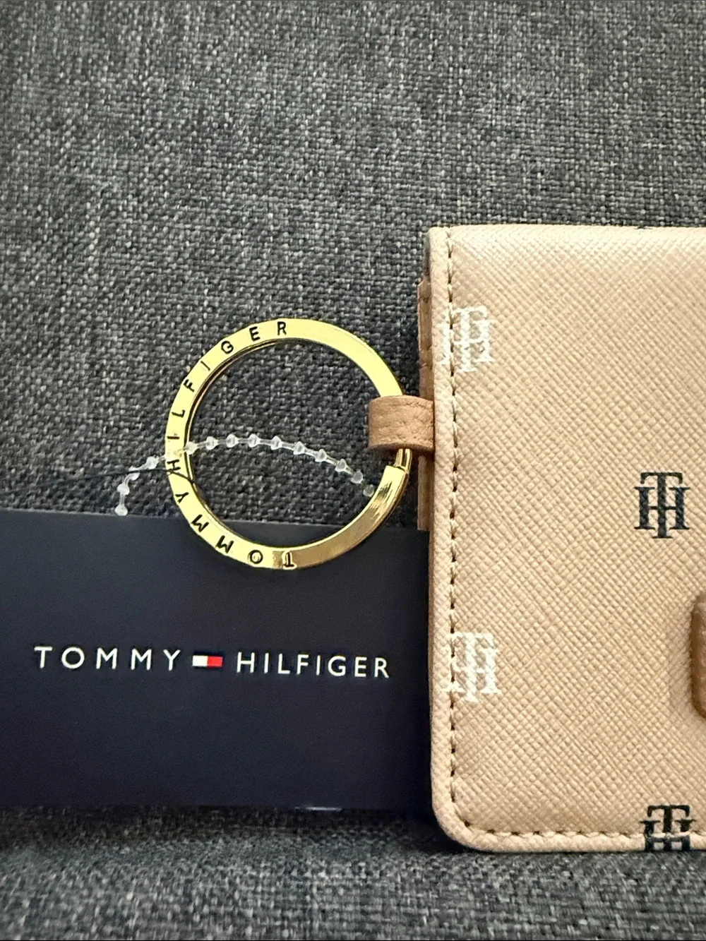 Tommy Hilfiger Beige Monogram Card Holder with Gold Plaque